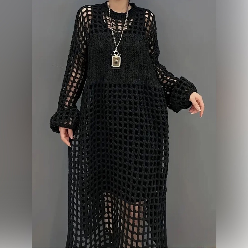 Plus Stylish Open Knit Long Sleeve Loose Fitting Sweater Midi Dress w Side Slits